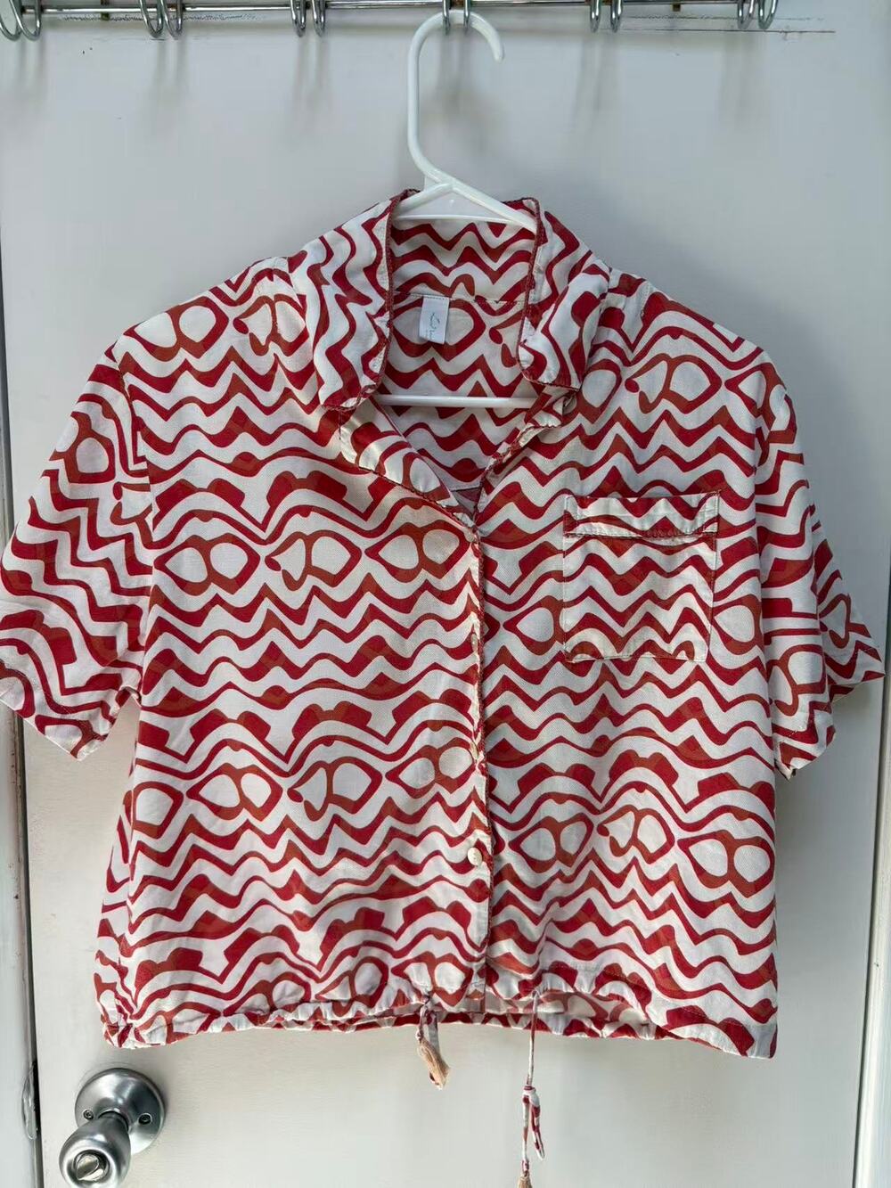 Retro Abstract Wave Short Sleeve Crop Shirt Top Women Size Oversized M Loose